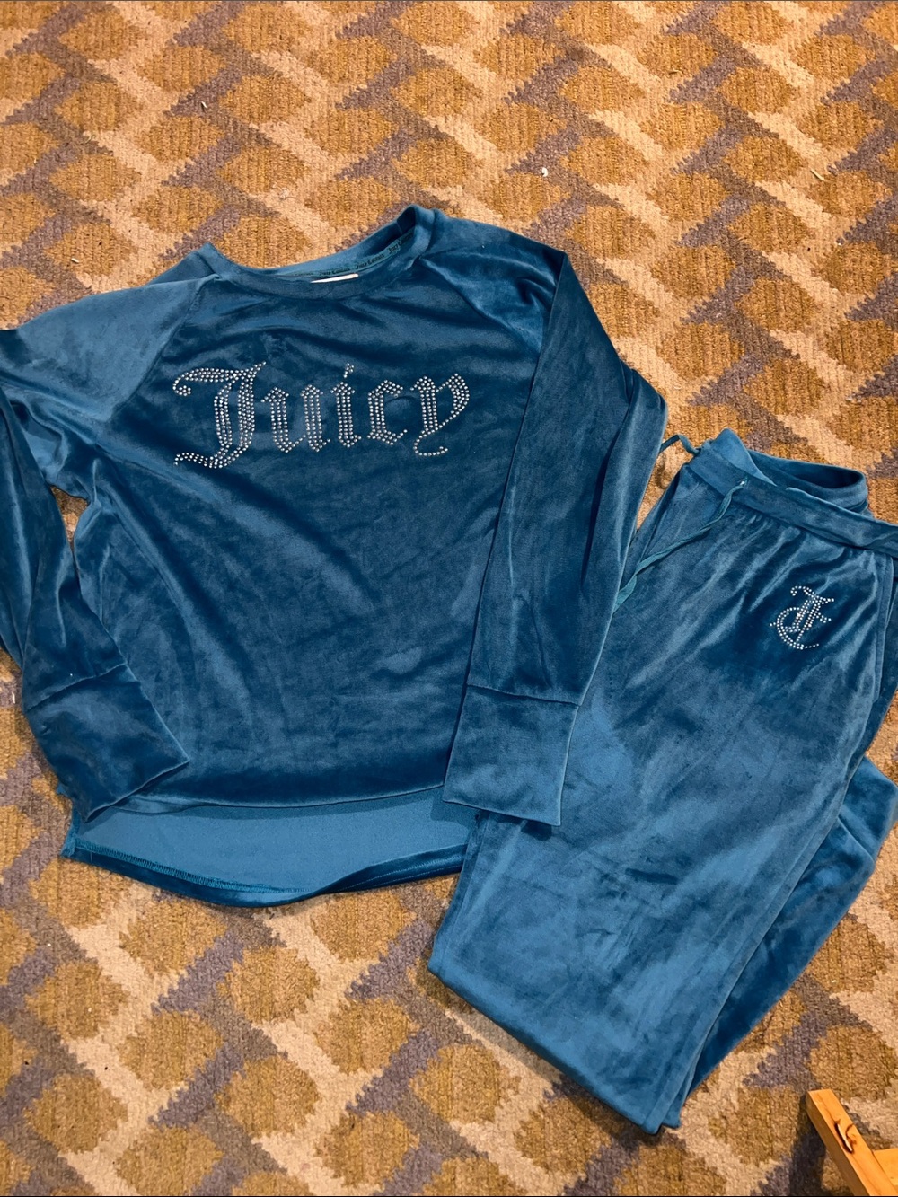 Juicy Couture Teal Velour Two-Piece Pajama Set with Rhinestone Logo